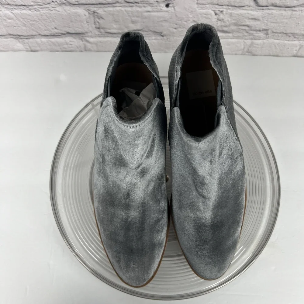 Dolce Vita Velveteen Ankle Booties Sz 8.5 Gray Almond Toe  Boho Block Heel Party